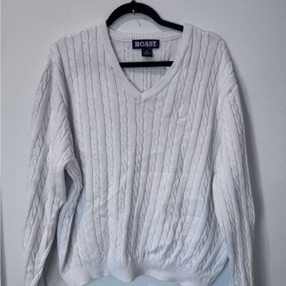 Boast Men's White Sweater cable Knit Fisherman L Cream Ivory V Neck